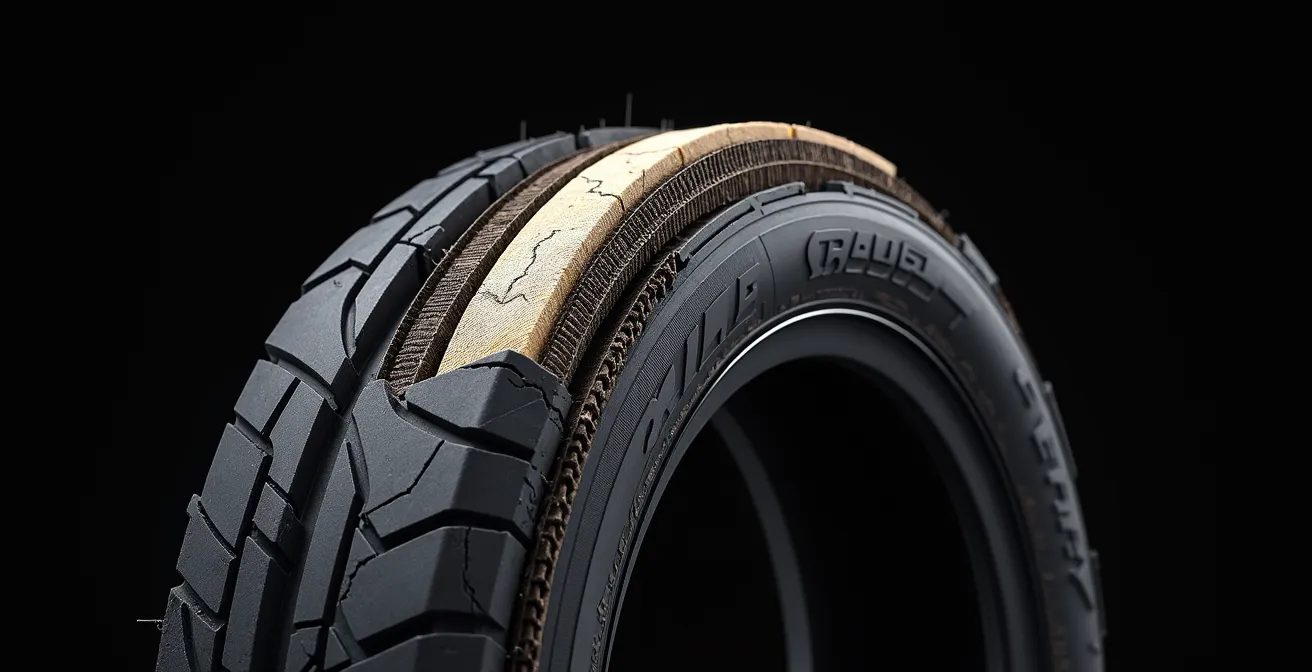 Axe Macro & Textural : Coupe transversale d'un pneu montrant les différentes couches