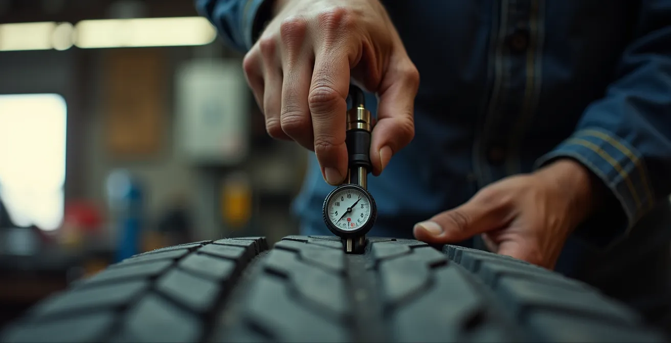 Axe Humain & Émotionnel : Mécanicien examinant la profondeur de sculpture d'un pneu