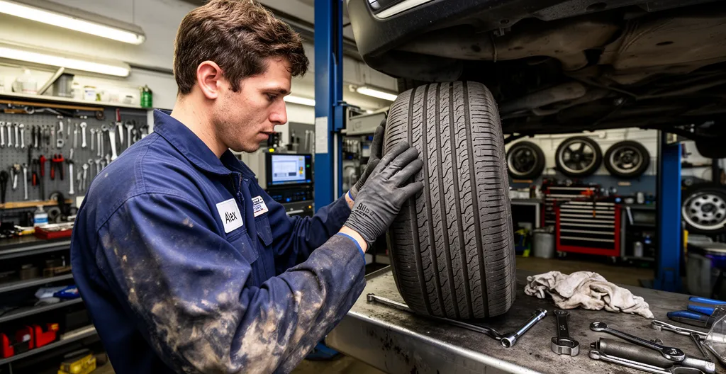 Technicien automobile accroupi examinant un pneu monté sur véhicule levé
