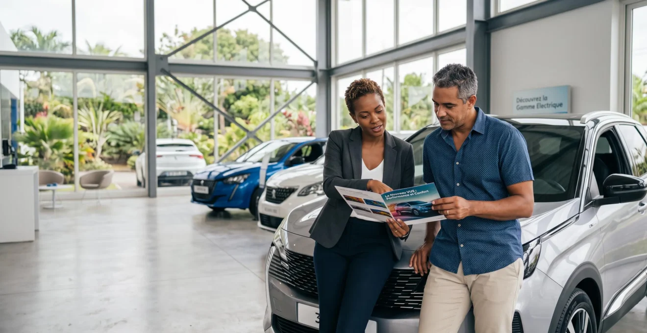 Conseillère commerciale et client examinant une brochure automobile appuyés contre un SUV neuf dans le showroom lumineux d'une concession en Guadeloupe, avec baies vitrées donnant sur végétation tropicale