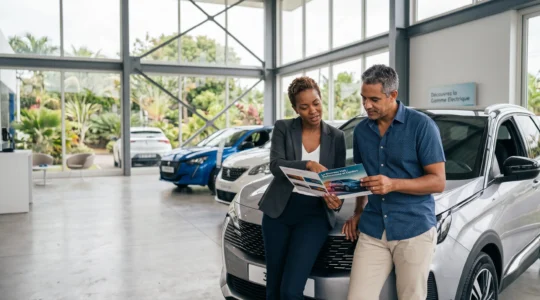 Conseillère commerciale et client examinant une brochure automobile appuyés contre un SUV neuf dans le showroom lumineux d'une concession en Guadeloupe, avec baies vitrées donnant sur végétation tropicale