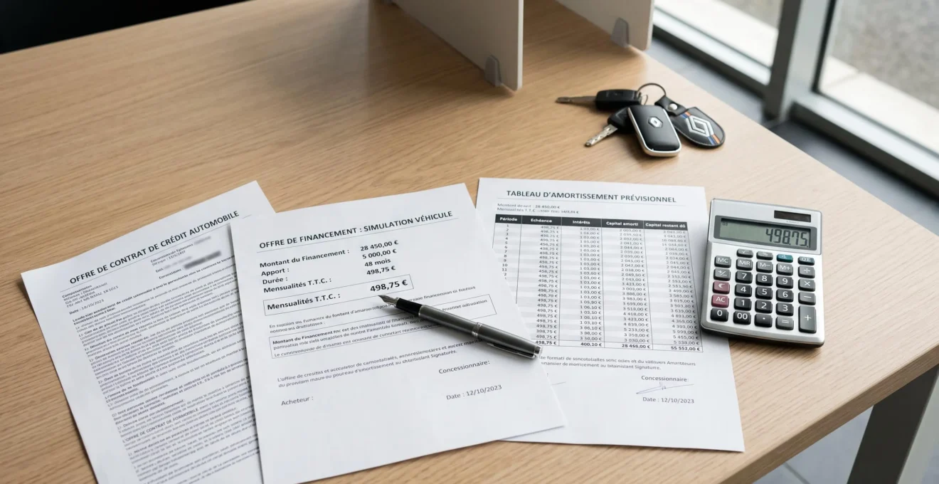 Documents de financement LOA avec simulation chiffrée, calculatrice et stylo sur bureau de concession, clés de voiture en arrière-plan flou