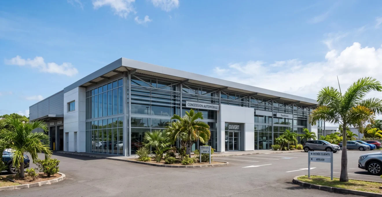 Façade moderne d'une concession automobile en Guadeloupe avec baies vitrées, architecture tropicale contemporaine, végétation locale et parking sous ciel bleu