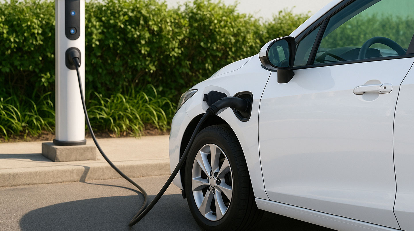 Peugeot e-208 blanche en recharge sur une borne publique dans une rue française avec architecture haussmannienne en arrière-plan