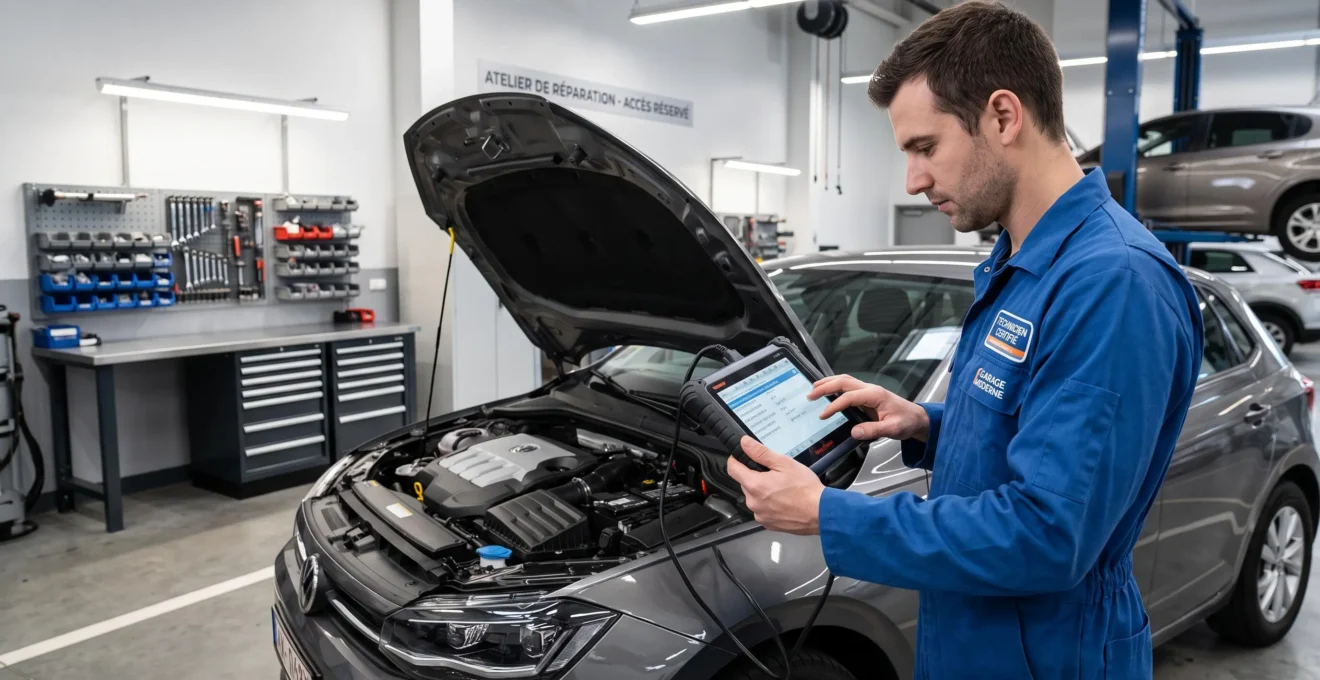 Technicien automobile certifié effectuant un diagnostic électronique avec une valise constructeur sur un véhicule récent dans un atelier de concession moderne et organisé